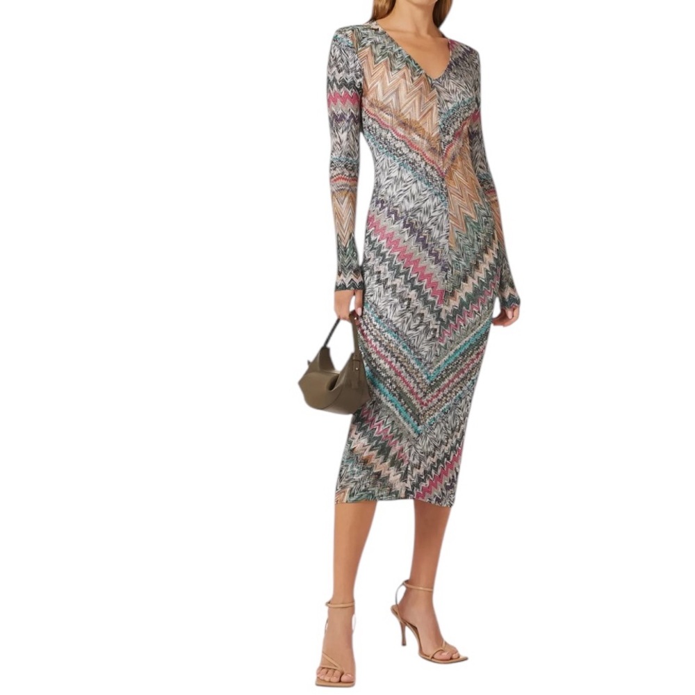 Missoni Multicolor Zig Zag Chevron Metallic Knitted V-Neck Midi Bodycon Dress 4 - Picture 15 of 16